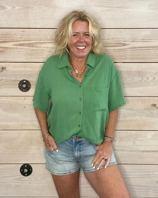 Green Linen Short Sleeve Top
