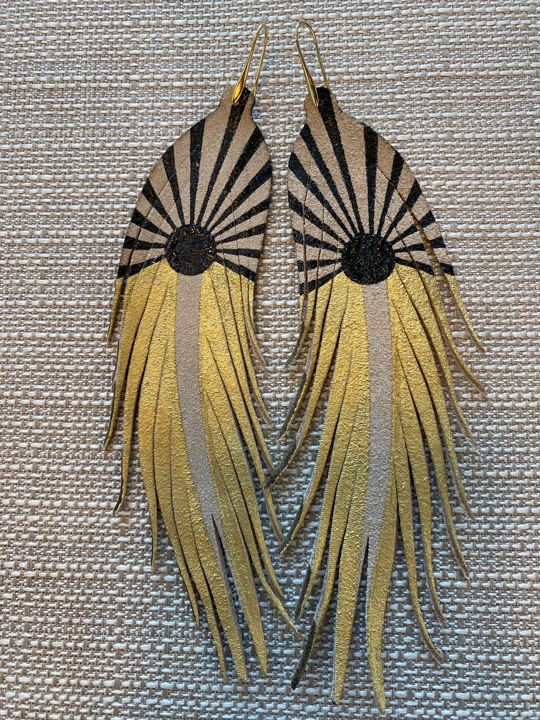 Long Sunrise Black and Gold Feather Earrings
