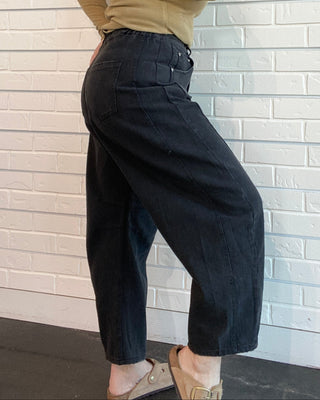 Black Acid Wash Barrel Denim Pants