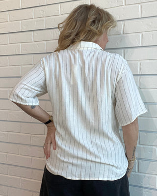 Gisele White Stripe Linen Blend Button-Down Top