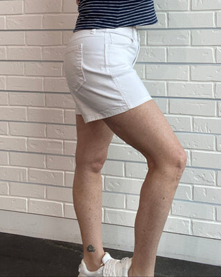 High-Rise White Stretch Denim Shorts