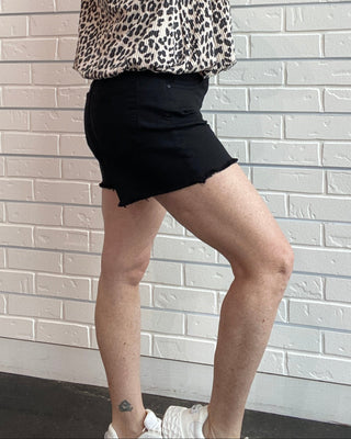High-Rise Black Frayed Denim Shorts