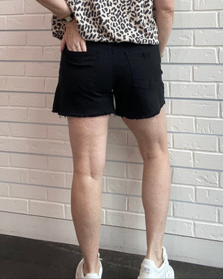 High-Rise Black Frayed Denim Shorts