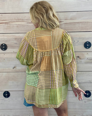 Lemon Lime Knit Woven Button-Up