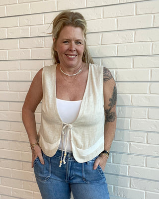 Linen Blend Tie Front Top