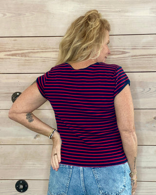 Red & Blue Striped Henley Top