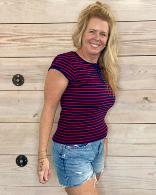 Red & Blue Striped Henley Top