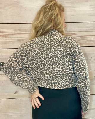 Leopard Cropped Stretch Denim Jacket
