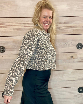 Leopard Cropped Stretch Denim Jacket