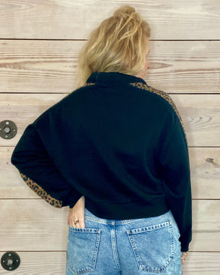 Black Quarter Zip Pullover with Cheetah Print Sleeves