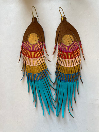 Long Sunrise Stripes Feather Earrings