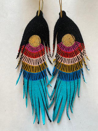 Long Black Sunrise Stripe Feather Earrings