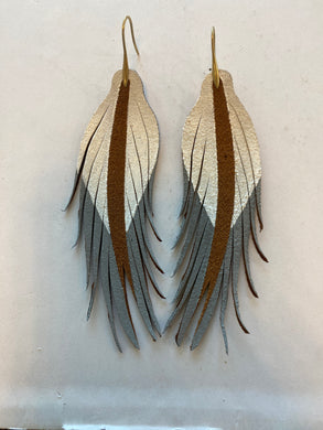 Short Brown White and Silver Feather Earrings