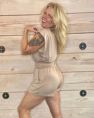 Beige Notched Collar Side Tie Romper