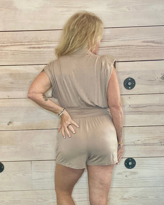 Beige Notched Collar Side Tie Romper