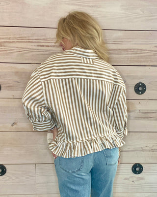 Free People Beige Striped High-Low Button-Up Top