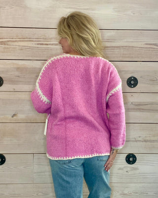 Pink Oversized Long Sleeve Cardigan with White Tie Front