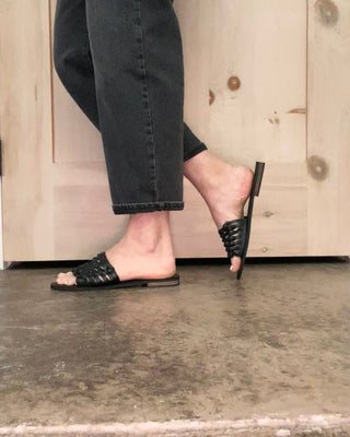 Adeline Woven Black Strap Slide Sandals