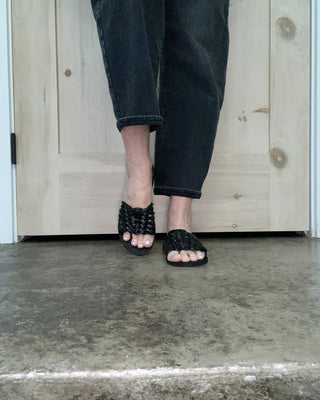 Adeline Woven Black Strap Slide Sandals