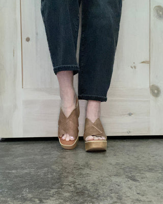 Presley Crisscross Taupe Wooden Heel Sandal