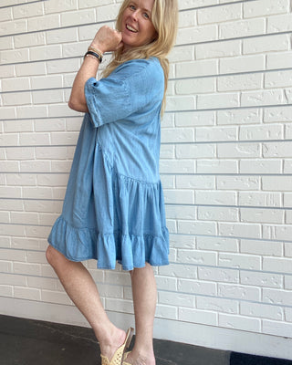 Chambray V-Neck Mini Dress