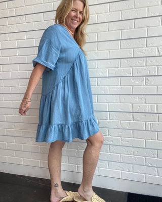 Chambray V-Neck Mini Dress