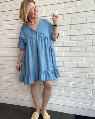 Chambray V-Neck Mini Dress