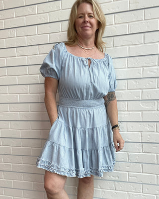 Blue Gingham Tie Neck Mini Dress