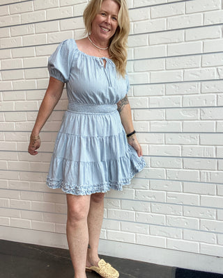 Blue Gingham Tie Neck Mini Dress
