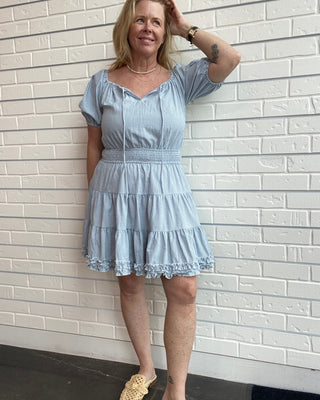 Blue Gingham Tie Neck Mini Dress