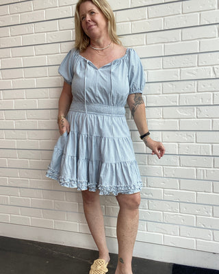 Blue Gingham Tie Neck Mini Dress