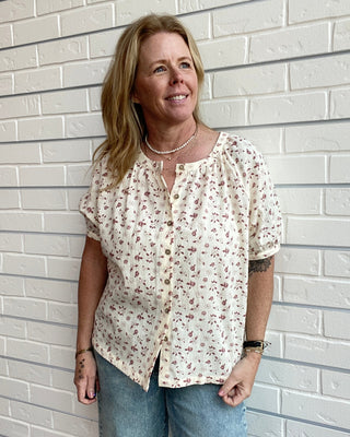 Floral Puff Sleeve Button-Down Blouse