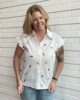 Floral Embroidered Ruffle Sleeve Top