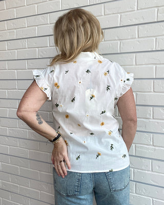 Floral Embroidered Ruffle Sleeve Top