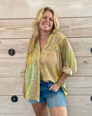 Lemon Lime Knit Woven Button-Up