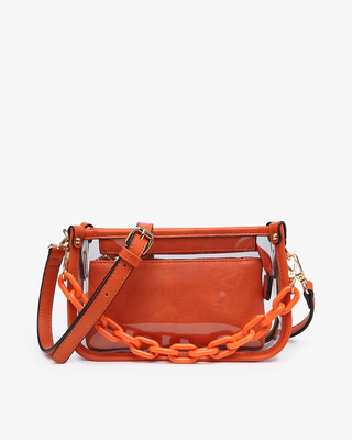 Orange handbag with a chain detail on a white background