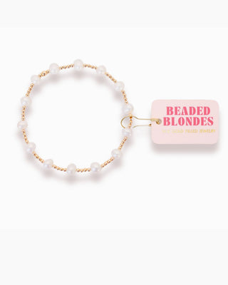 Beaded bracelet with a pink tag labeled 'Beaded Blondes' on a white background