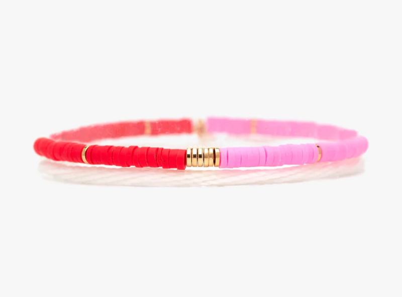 Pink And Red Vinyl Disc Bead Stretch Bracelet Set