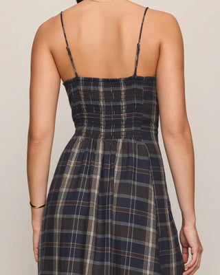 Plaid Flannel Midi Dress in Eclipse. A soft fall dress with a smocked back, adjustable straps, and pockets