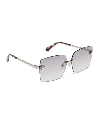 Rimless square sunglasses with gradient gray lenses, a silver metal frame, and tortoiseshell temple arms on a white background.