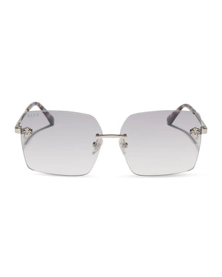 Rimless square sunglasses with silver metal frames and gradient gray lenses, featuring decorative silver metal accents at the temples, shown against a plain white background.