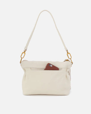 Beige handbag with a gold chain strap on a white background