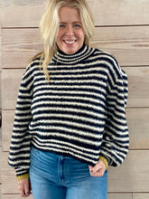 Load image into Gallery viewer, Black and white stripe sweater with mustard yellow cuffs