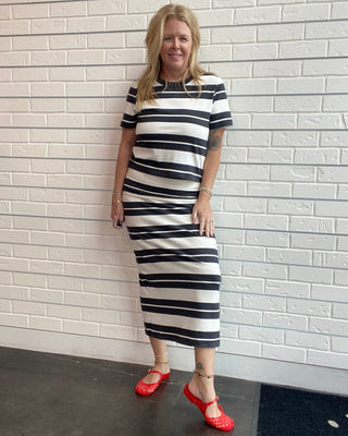Women's black and cream striped cotton jersey t-shirt with and matching skirt