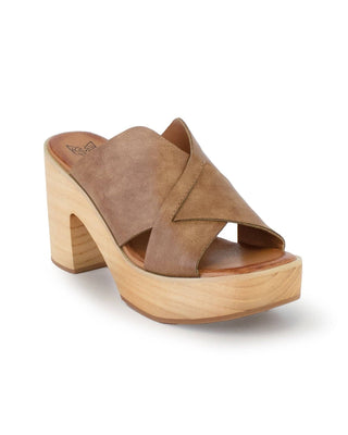Brown platform sandal with wooden sole on a white background
