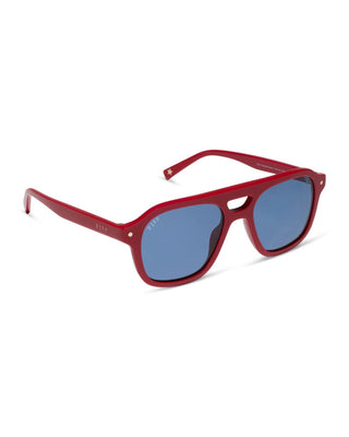 Red acetate sunglasses with blue lenses, shown at a three-quarter angle on a white background.