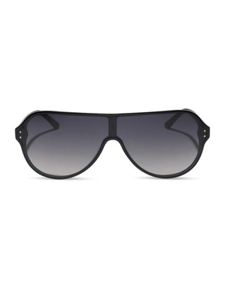 A pair of oversized shield-style sunglasses with a matte black frame and dark gray gradient lenses, shown against a plain white background.