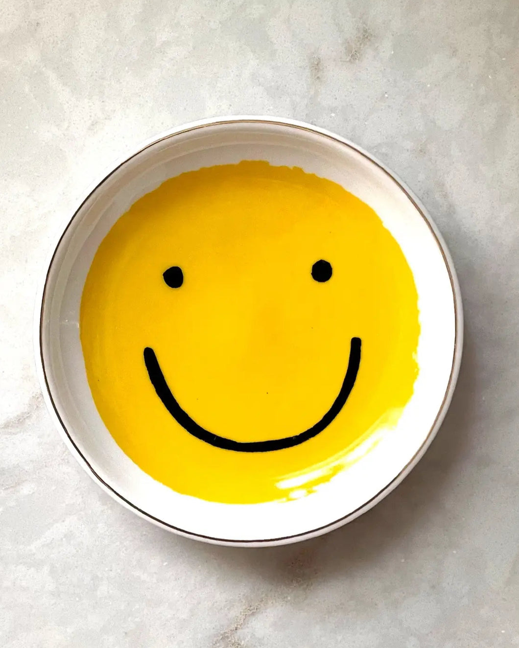 Trinket Dish, Dish, Ring Dish, Ceramic, Porcelain, Gold, Idlewild Co., Idlewild, Accessory, Gift, Stocking Stuffer, Jewelry Dish, Jewelry Box, Smiley, Smile, Yellow, Happy, home decor, vintage, display, earring display, displays for retail, gift idea, wedding, ceramics, engagement gift, jewelry displays, necklace display, ring dish, heart dish, heart trinket dish, trinket box, easter