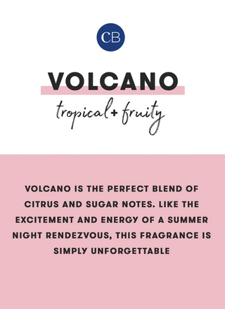 A digital graphic card for a fragrance named 'VOLCANO tropical+fruity' by brand 'CB'. The top half is white with a dark blue circular 'CB' logo, bold black text, and a light pink underline.