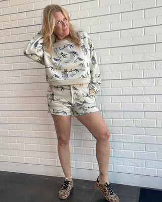 Western printed graphic sweat shorts with elastic waistband set